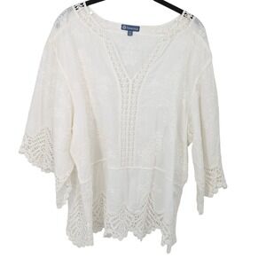 Democracy Blouse Womens Petite PXL White Embroidered Lace Crochet Boho Top